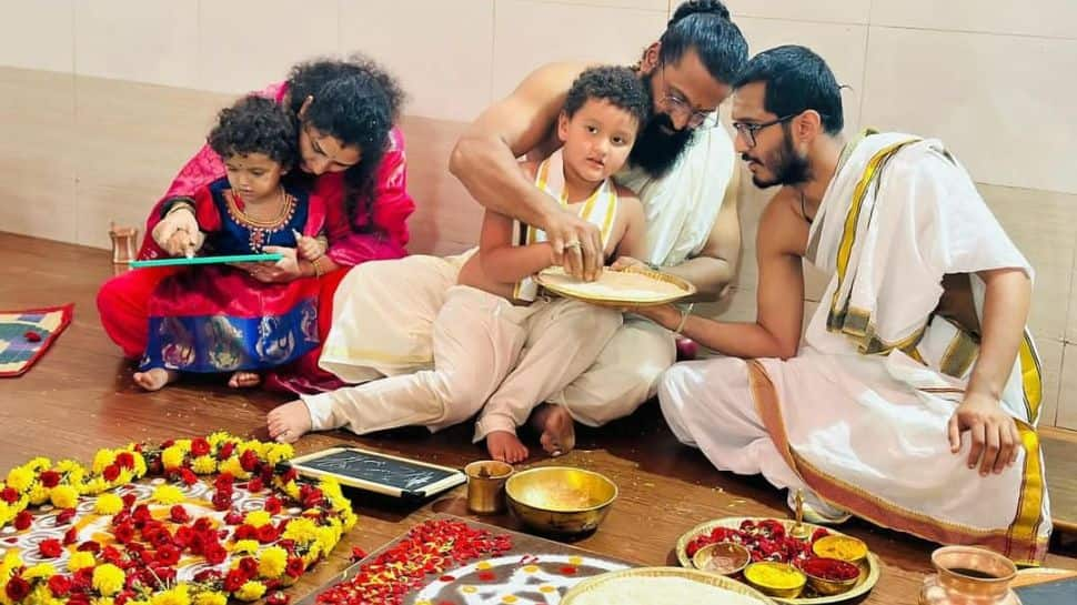 Aksharabhyasam ritual was performed for Kantara fame Rishab Shetty's daughter at Divya Kshetra temple in Hariharpur