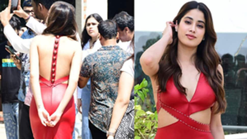 Janhvi Kapoor seen in red hot backless dress inspired by cricket ball for Mr. & Mrs. Mahi promotions