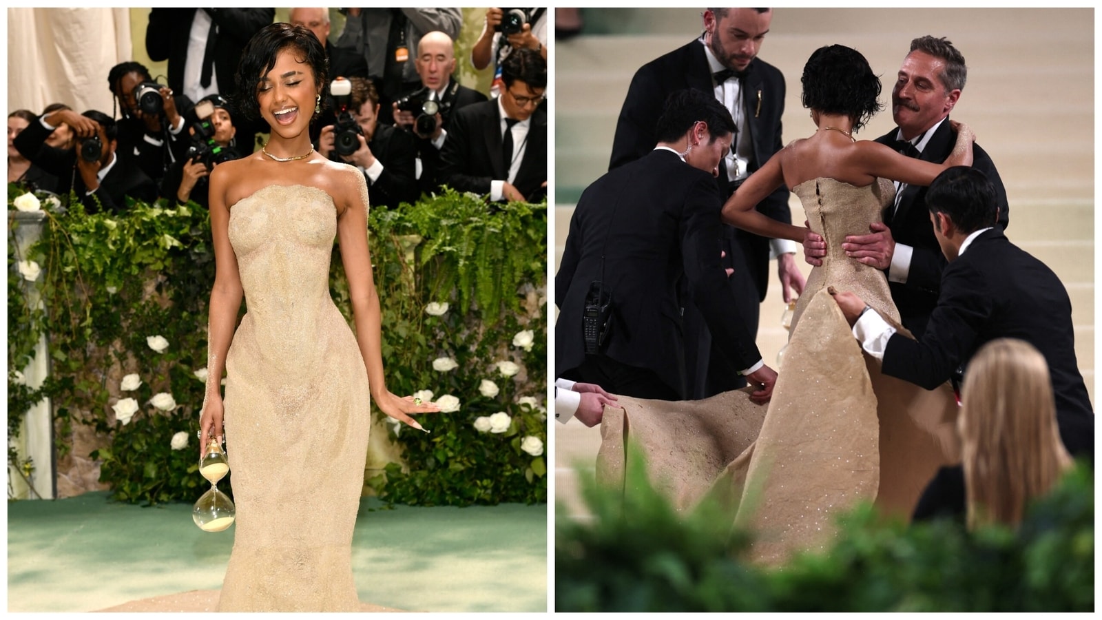 Tyla shuts down the Met Gala red carpet in stunning but stiff sand-dress, needs help from attendants to walk up stairs