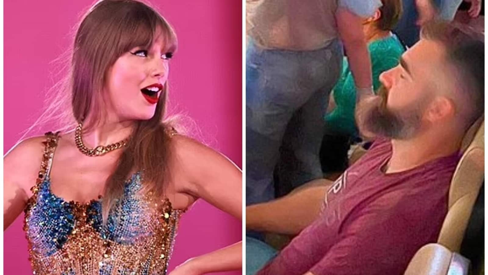 Travis Kelce is grilling brother Jason over viral photos showing him dozing off at Taylor Swift’s ‘Incredible’ Eras Tour concert.